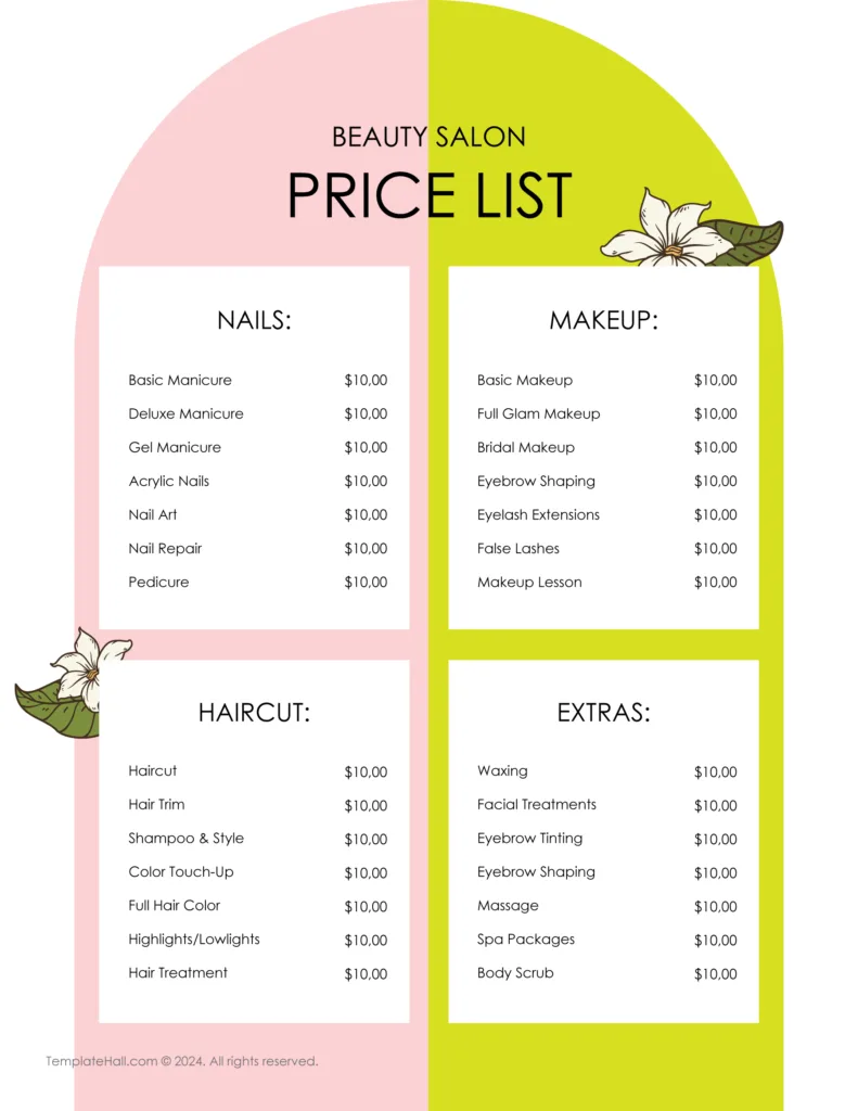 Printable Nail Salon Price List Template 02 in All Formats