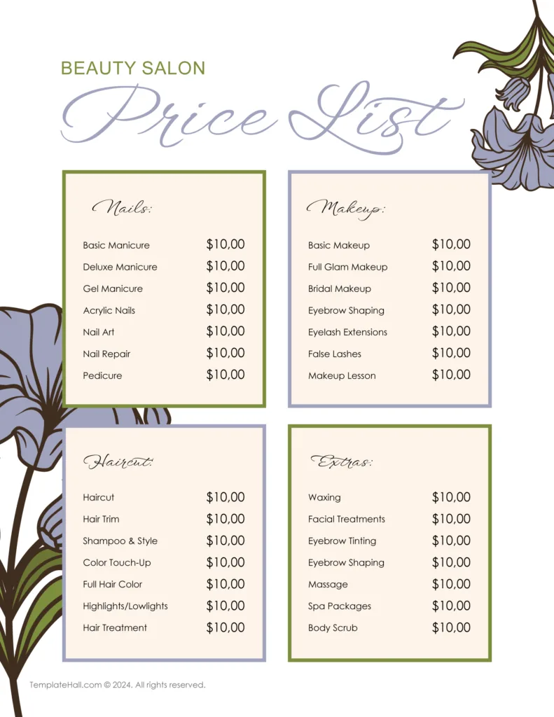 Customizable Nail Salon Price List Template 03 in All Formats