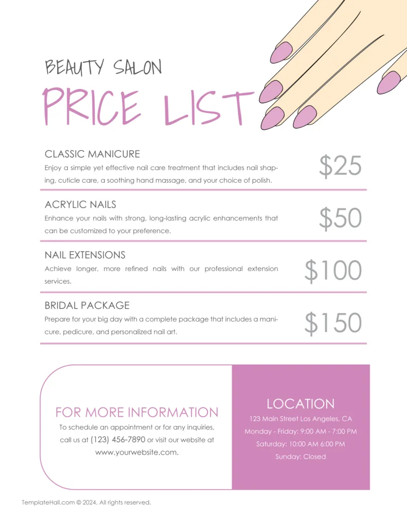 Editable Nail Salon Price List Template 04 in All Formats