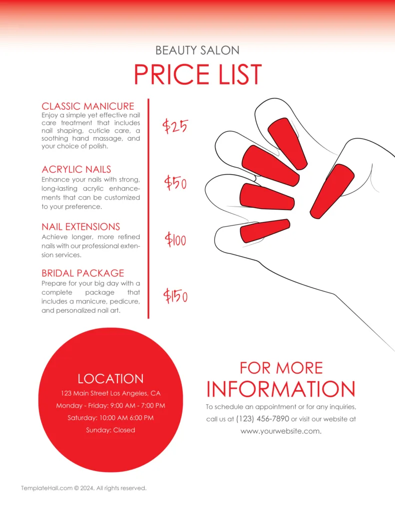 Easy to Print Nail Salon Price List Template 05 in All Formats