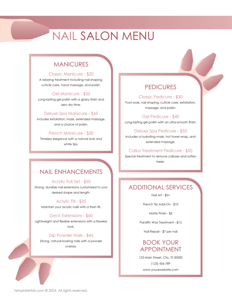 Free Nail Salon Menu Template 01 in PDF Format