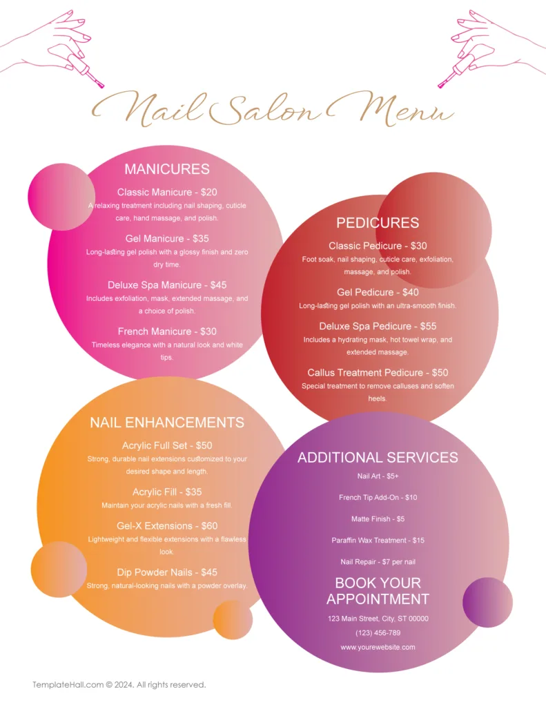 Editable Nail Salon Menu Template 02 in Word Format