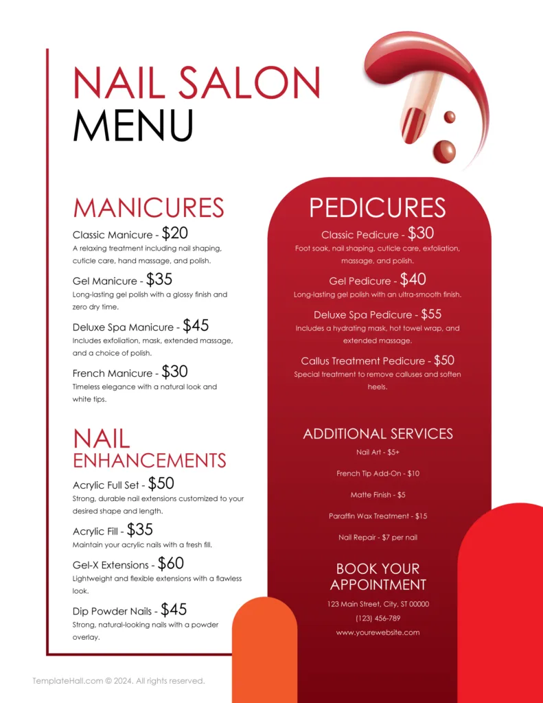Customizable Nail Salon Menu Template 04 in G. Docs Format
