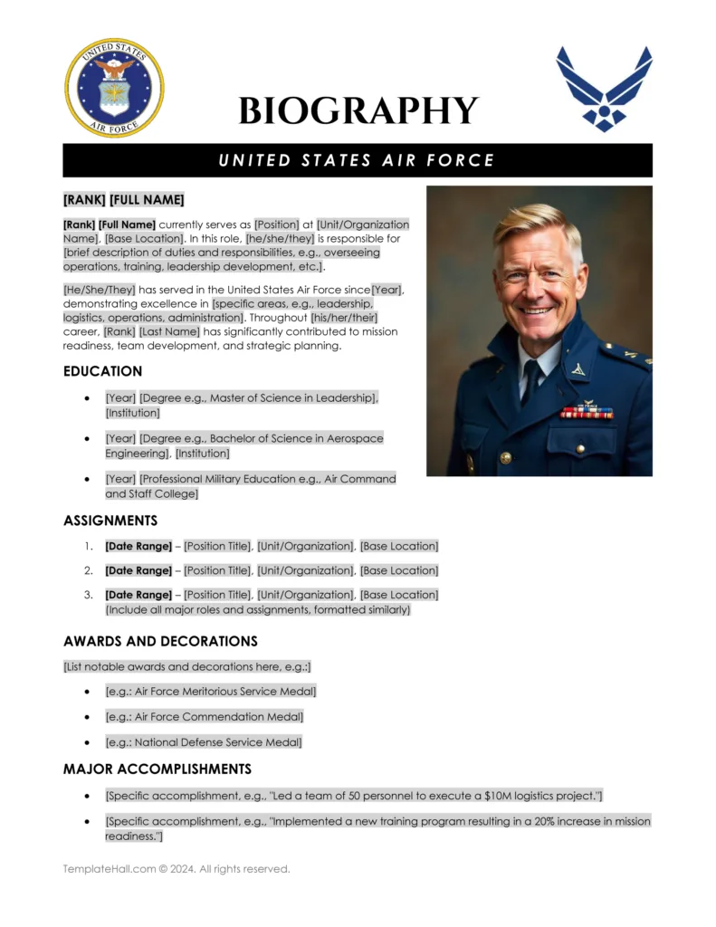 Free Air Force Biography Template in Word and Google Docs