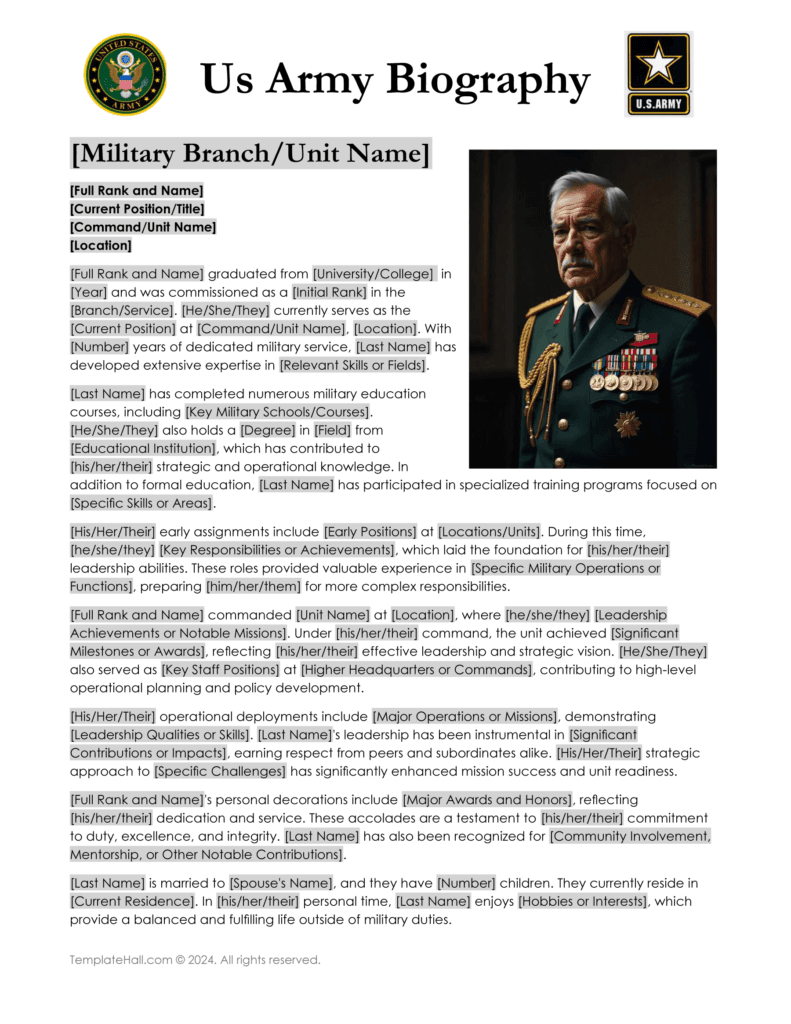 Editable Military Biography Template Word & G. Docs