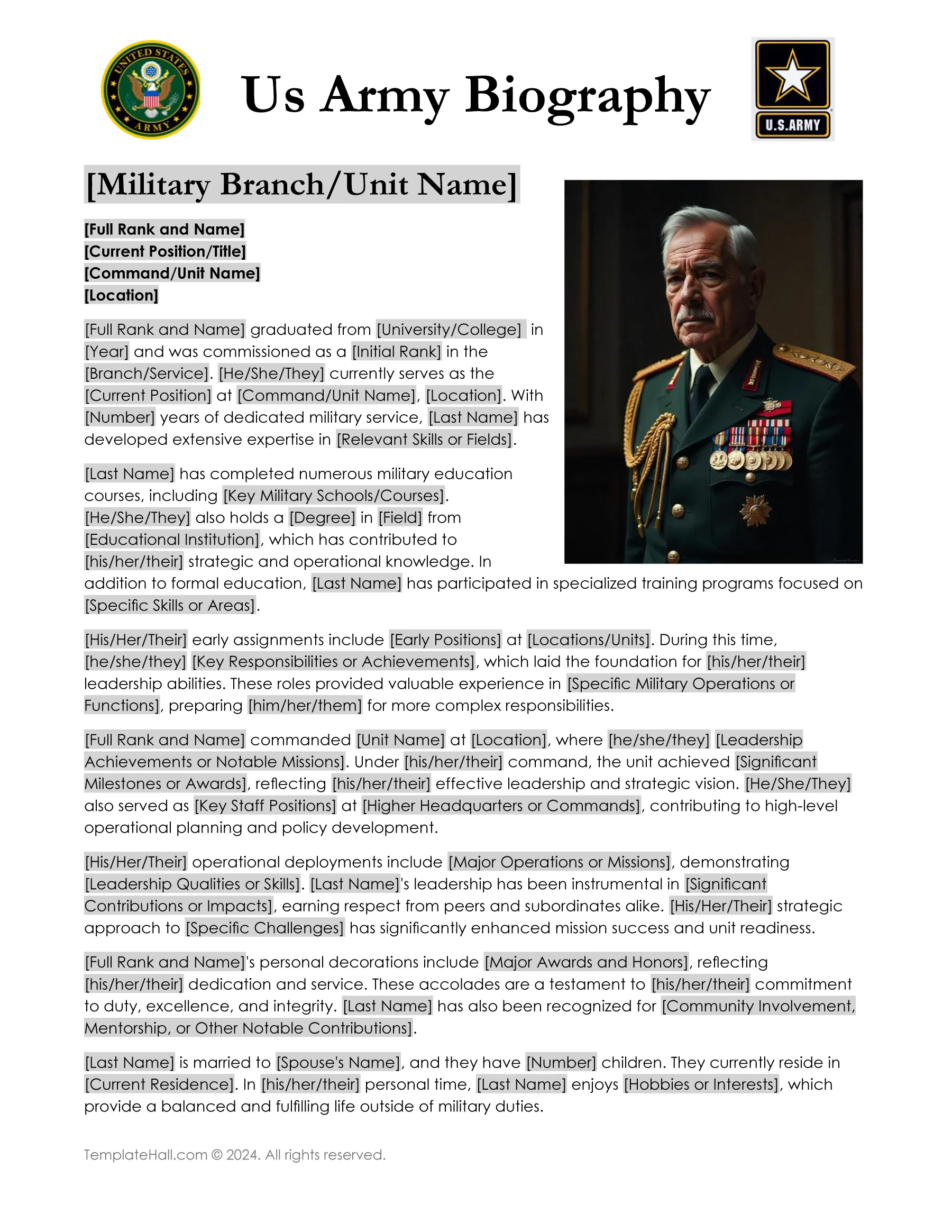 Editable Military Biography Template Word & G. Docs