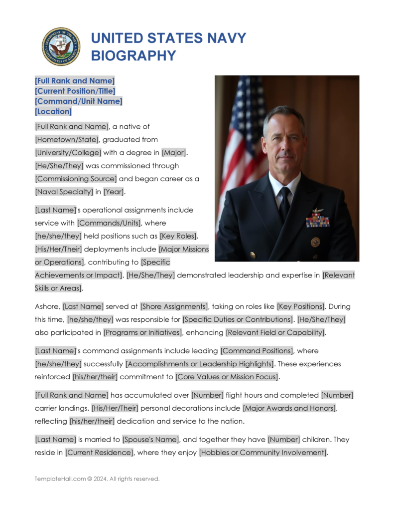 Customizable Navy Officer Bio Template in Word and Google Docs