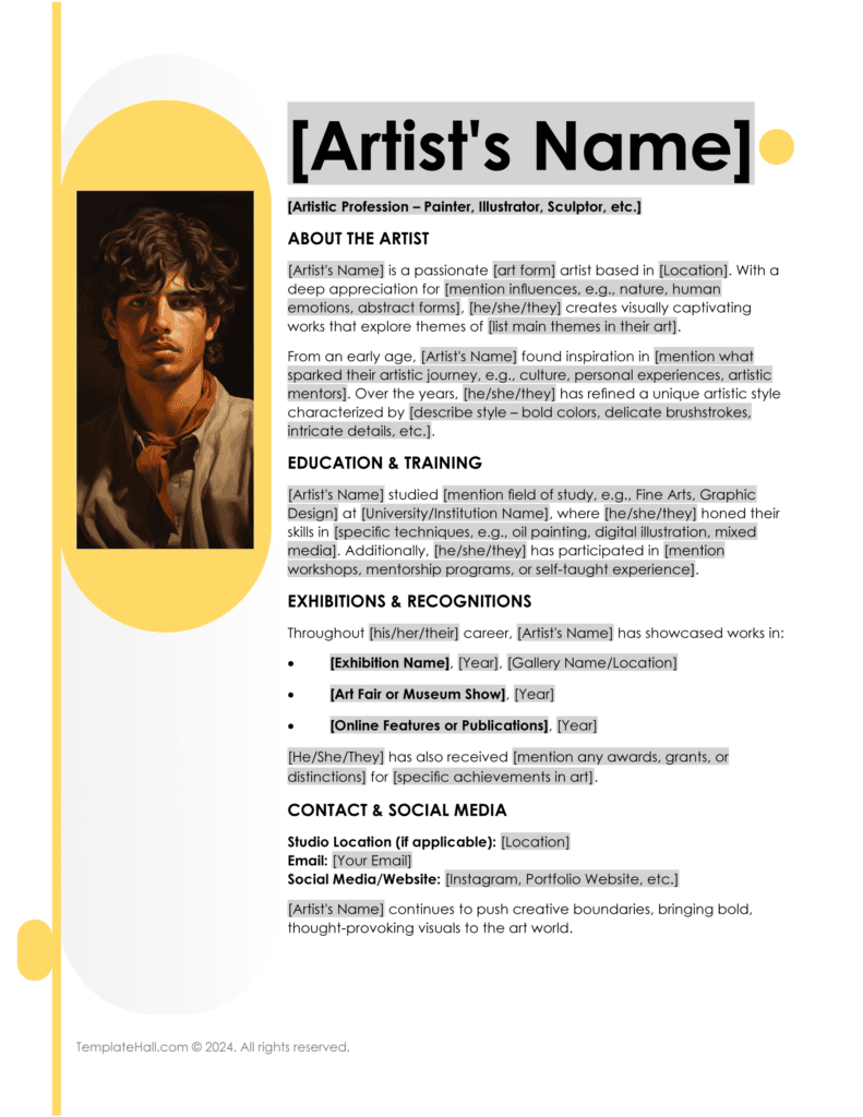 Download our Free Artist Bio Template used for various professions.