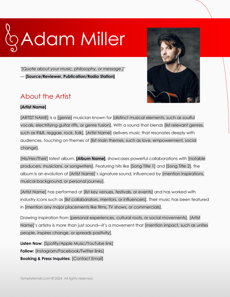 Free Download Music Artist Bio Template in all Formats