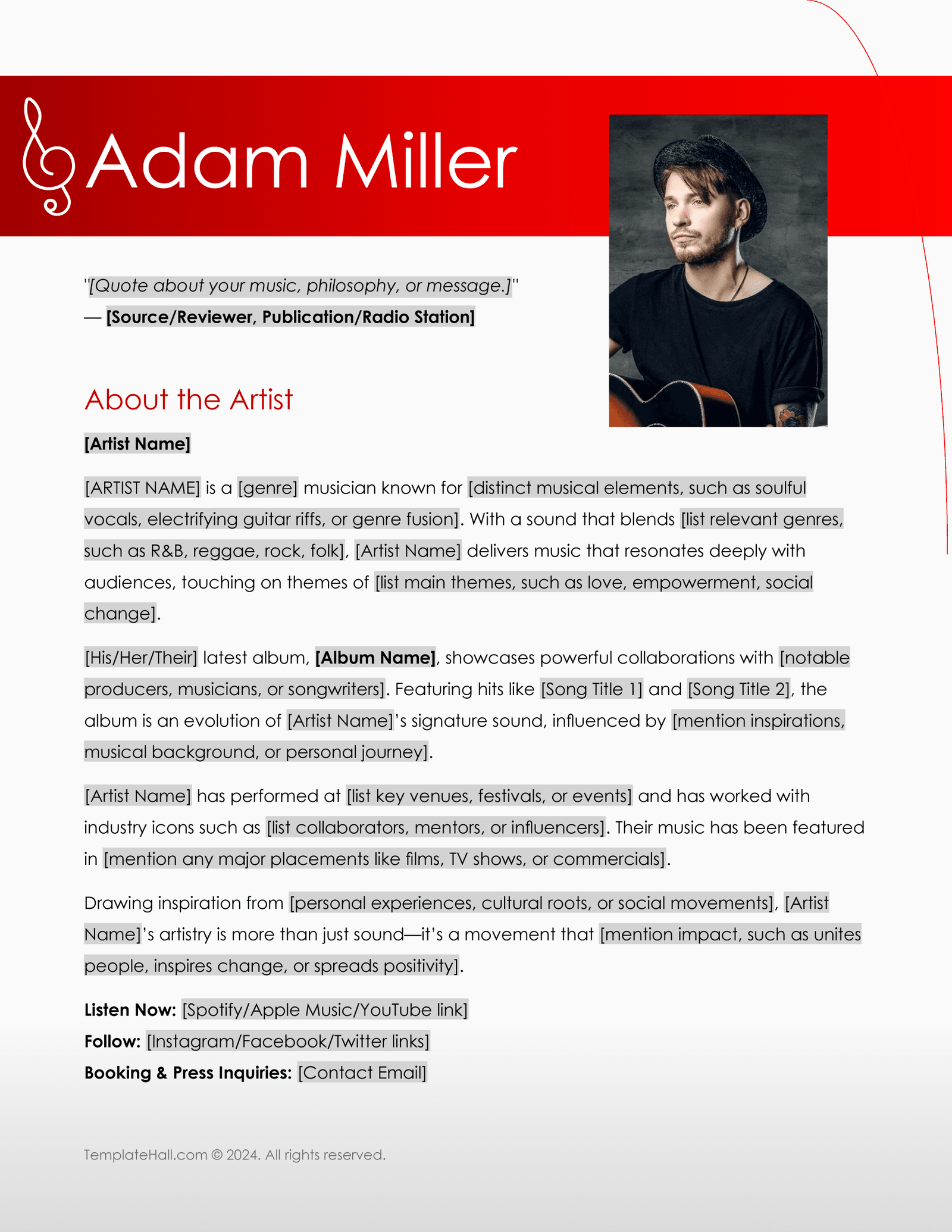 Artist Bio Template Word Google Docs PDF Format